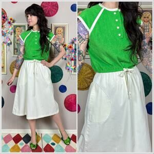 Vintage 1970s  Lime Green Terry Cloth Short Sleeve A-Line Midi Dress